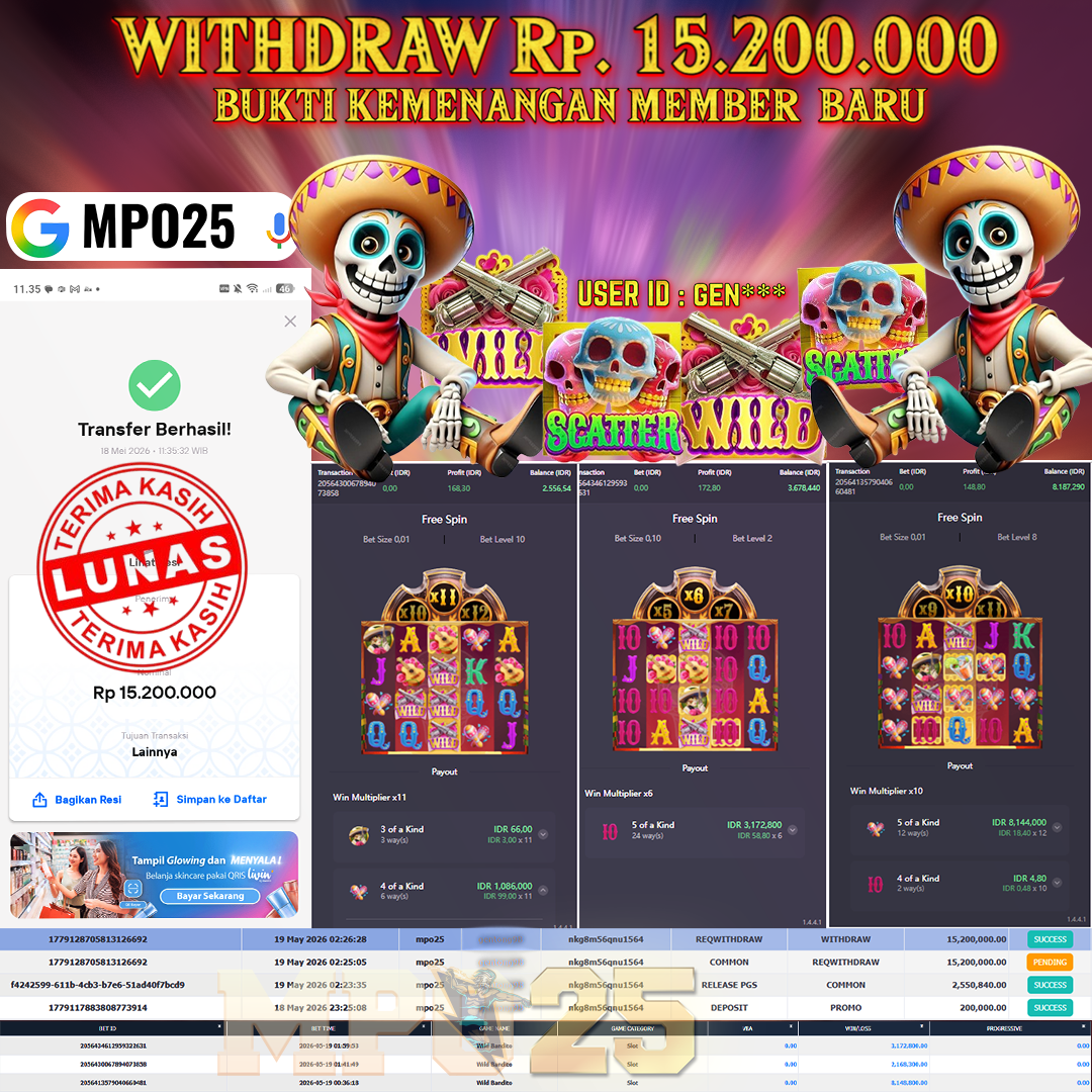 MPO25 BERMAIN WILD BANDITO DAPAT JACKPOT WD Rp.15,200,000- DI BAYAR TUNTAS
